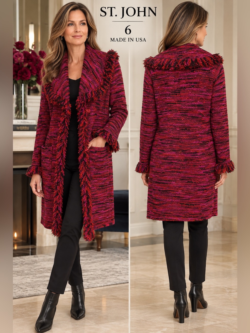 ST. JOHN womens 6 Red Magenta Tweed Knit Fringe Statement Cardigan Jacket luxury